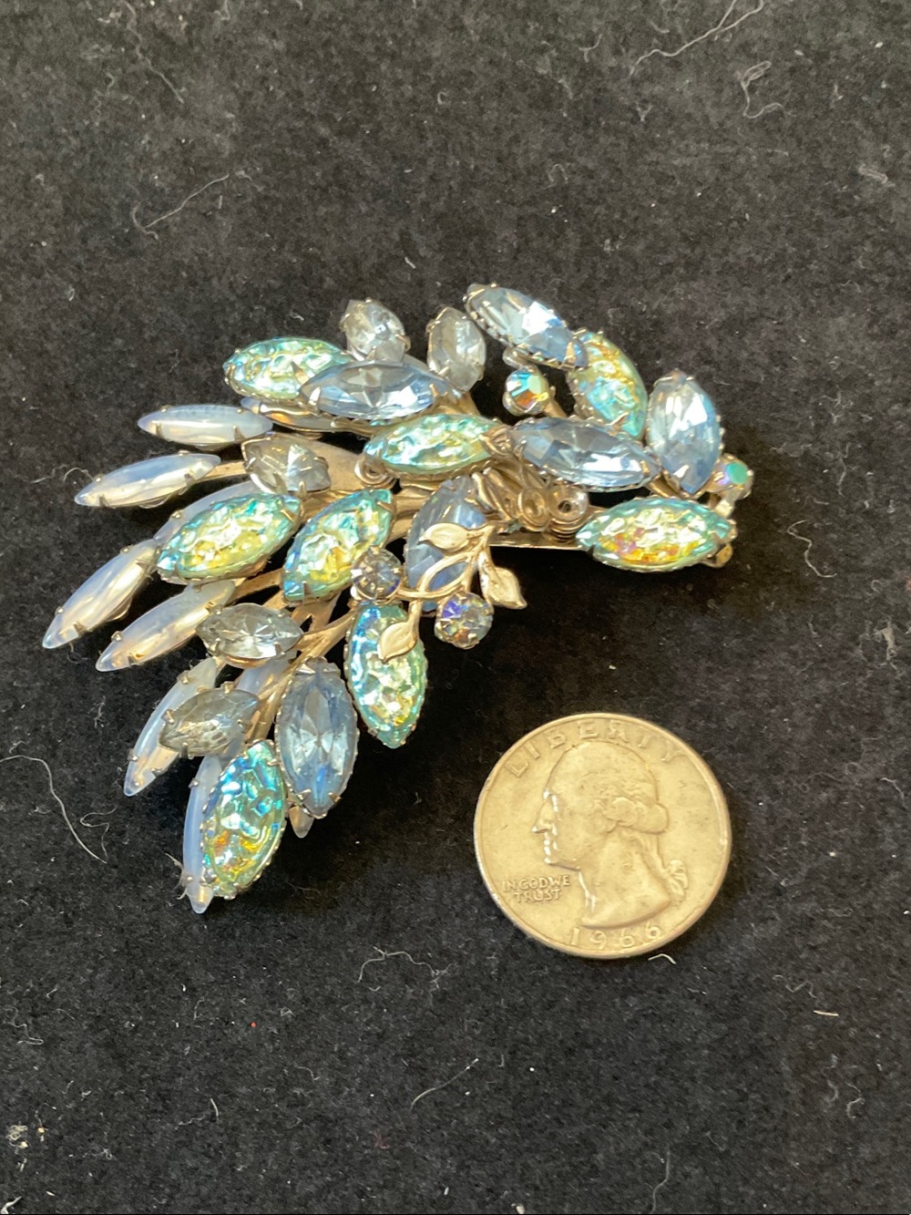 Vintage Iridescent Blue Crystal Leaf Brooch - Women's Jewelry